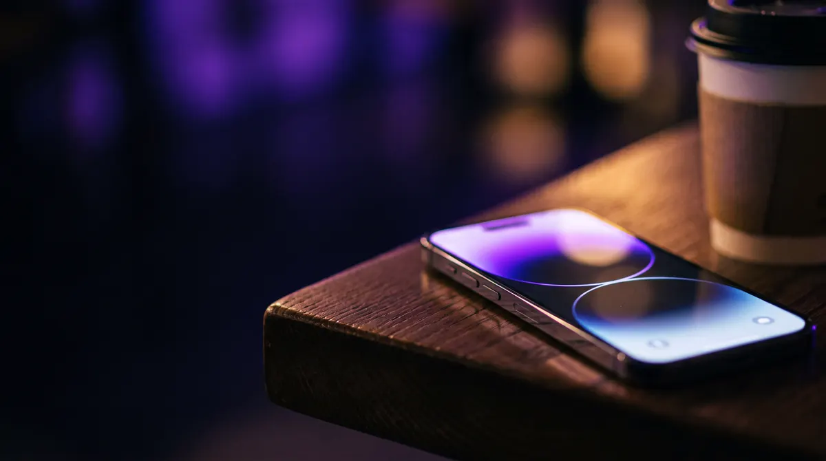 Un móvil encendido sobre una mesa de madera de noche, con la pantalla iluminada en violeta junto a un café